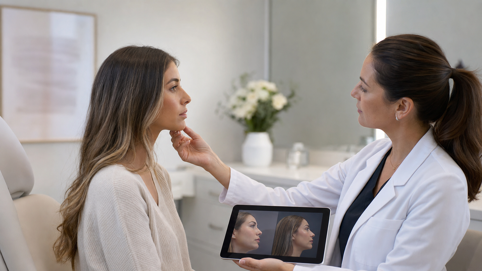 Chin augmentation consultation comparing implant and profile balance options