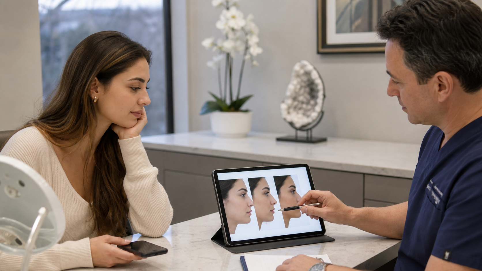 Rhinoplasty consultation discussing social media nose trends and natural balance