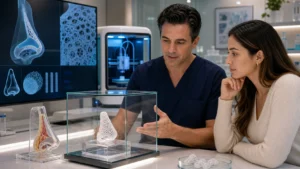 3D bioprinting cartilage rhinoplasty news visual with cartilage scaffold model and no injection imagery