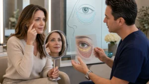 Lower blepharoplasty consultation with under-eye anatomy overlay and no injection imagery