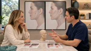 Mini facelift vs full facelift consultation with side-by-side support diagrams and no injection imagery