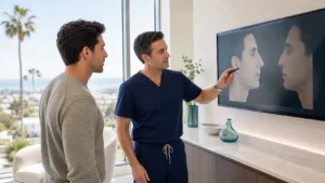 Male rhinoplasty consultation with wall monitor profile planning and no injection imagery