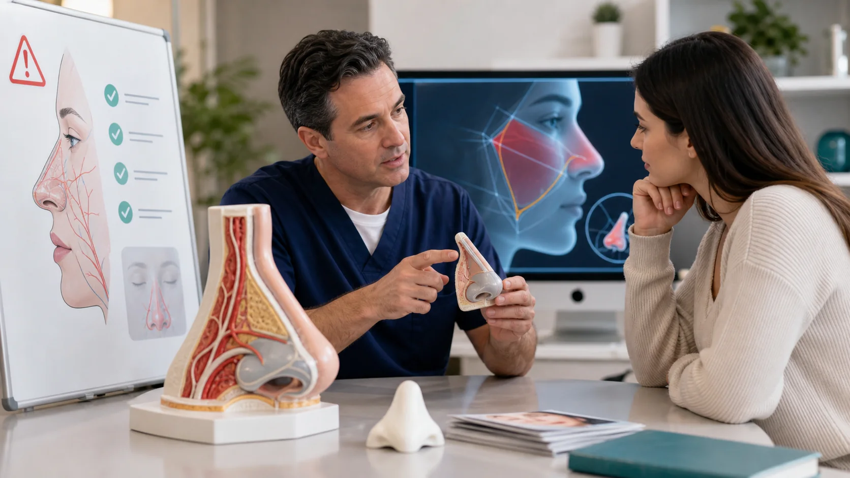 Non-surgical nose job safety consultation with nasal anatomy education and no injection imagery