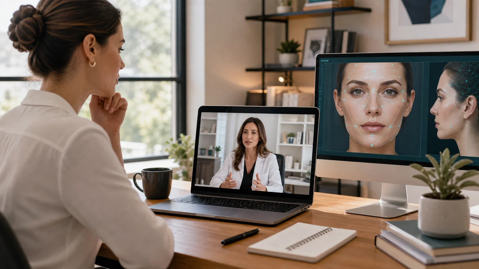 Zoom face effect remote-work video consultation with subtle facial balance screen