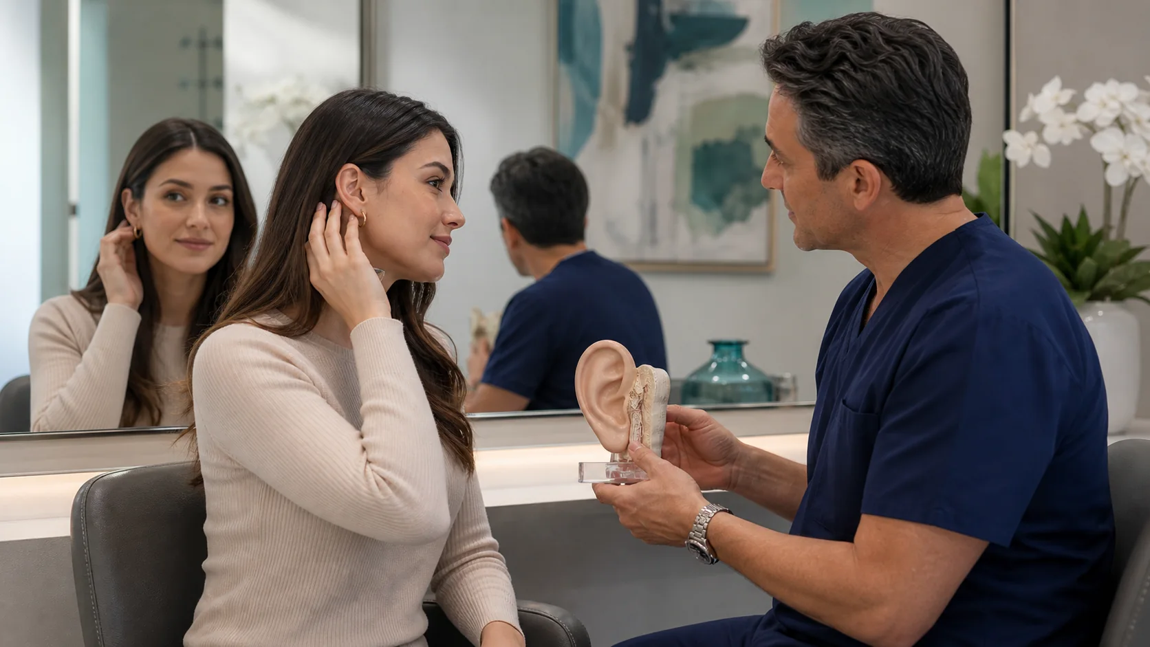 Adult otoplasty consultation with ear anatomy model and mirror planning