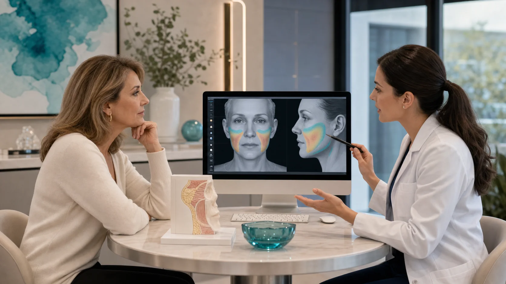 Cheek filler vs facelift consultation with facial volume analysis screen and no injection imagery