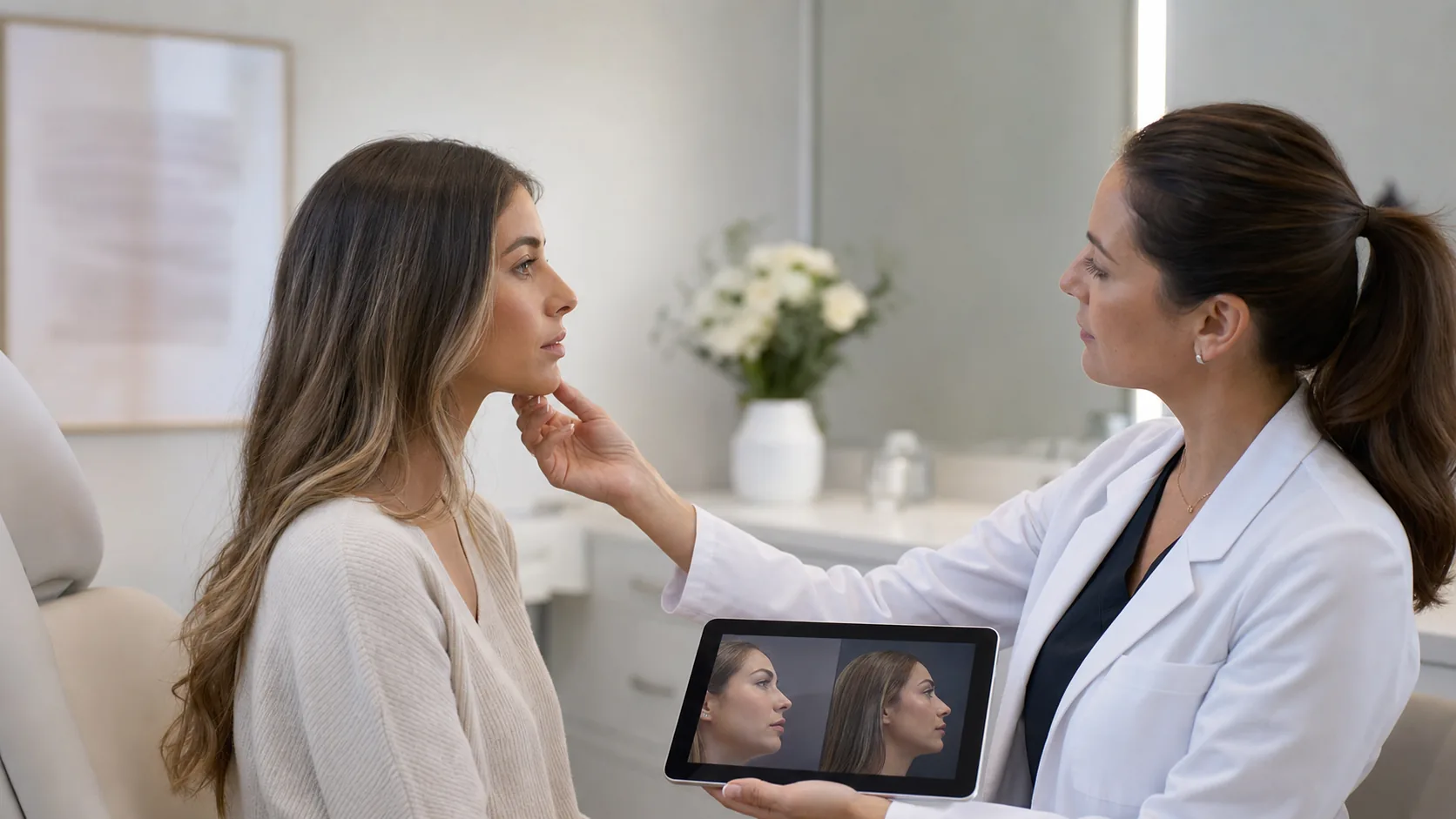 Chin augmentation consultation comparing implant and profile balance options