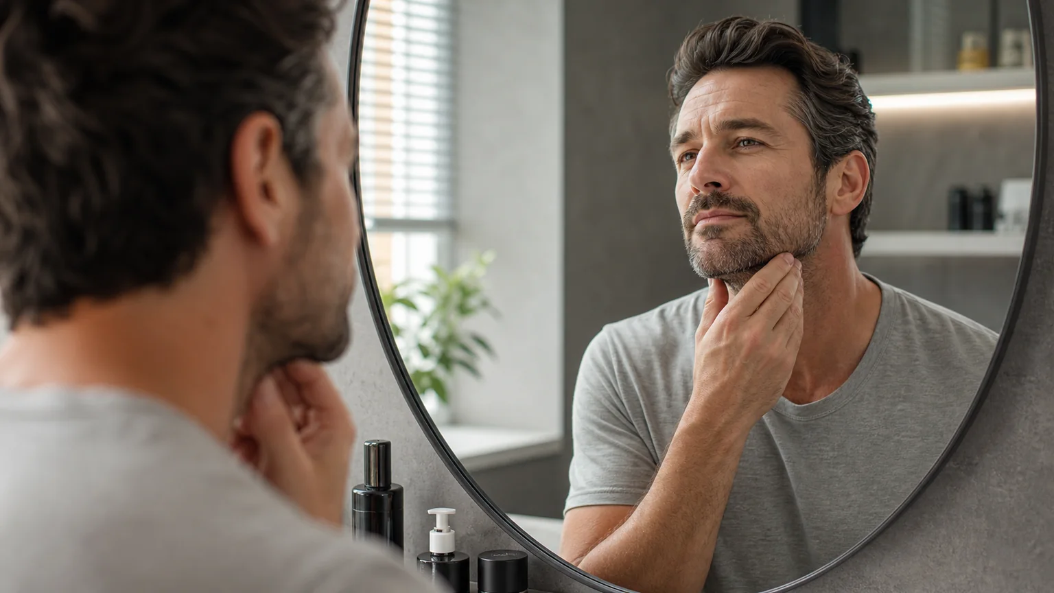 Adult man reviewing jawline in mirror for aesthetic procedures for men