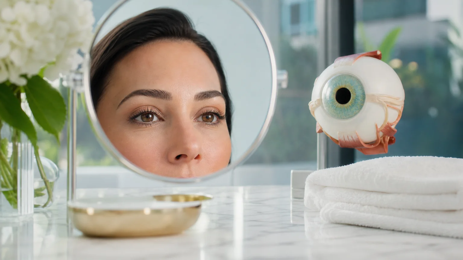 Eye mirror and anatomy model for blepharoplasty brow lift planning