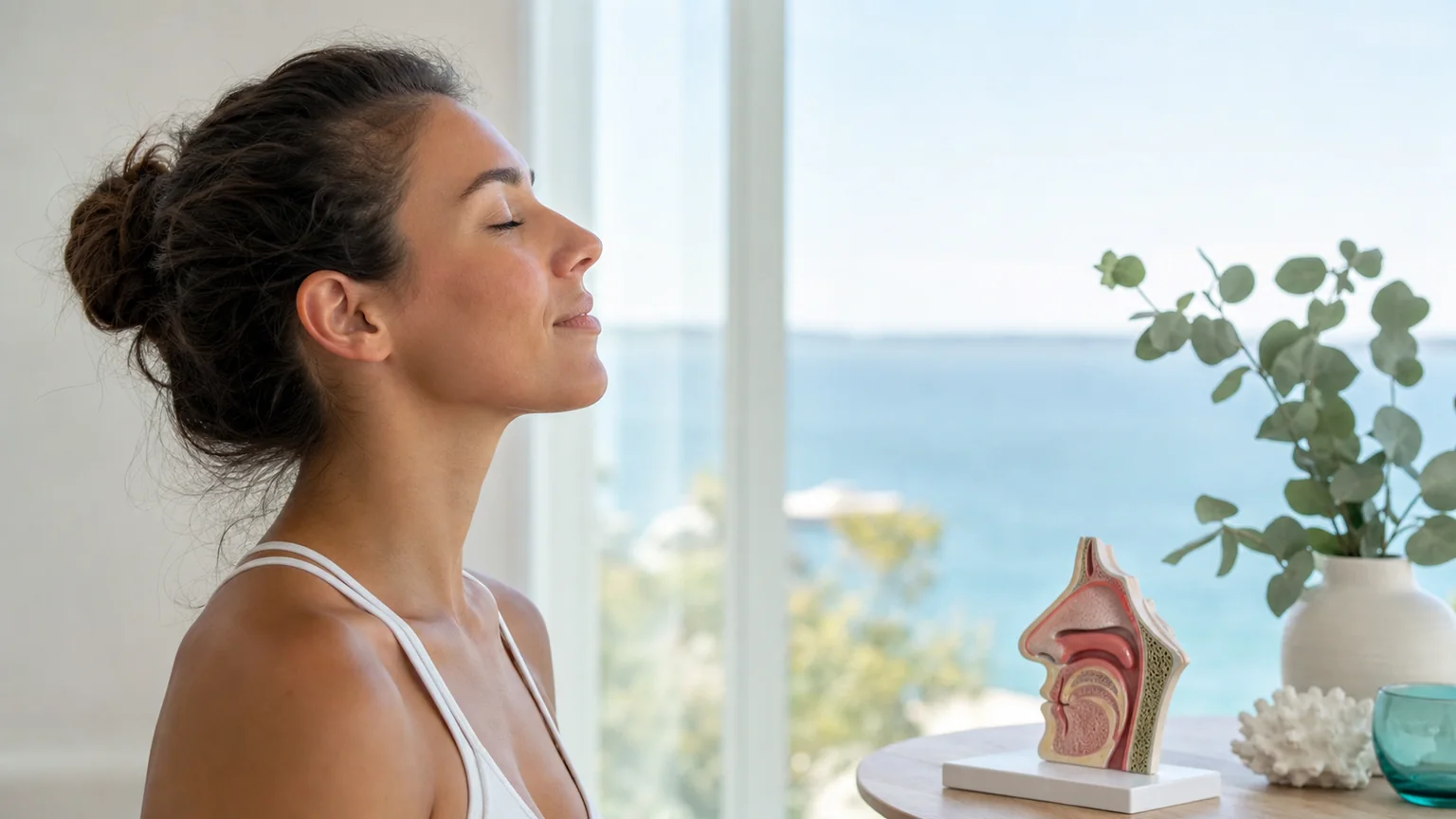Profile breathing scene with nasal anatomy model for rhinoplasty and breathing