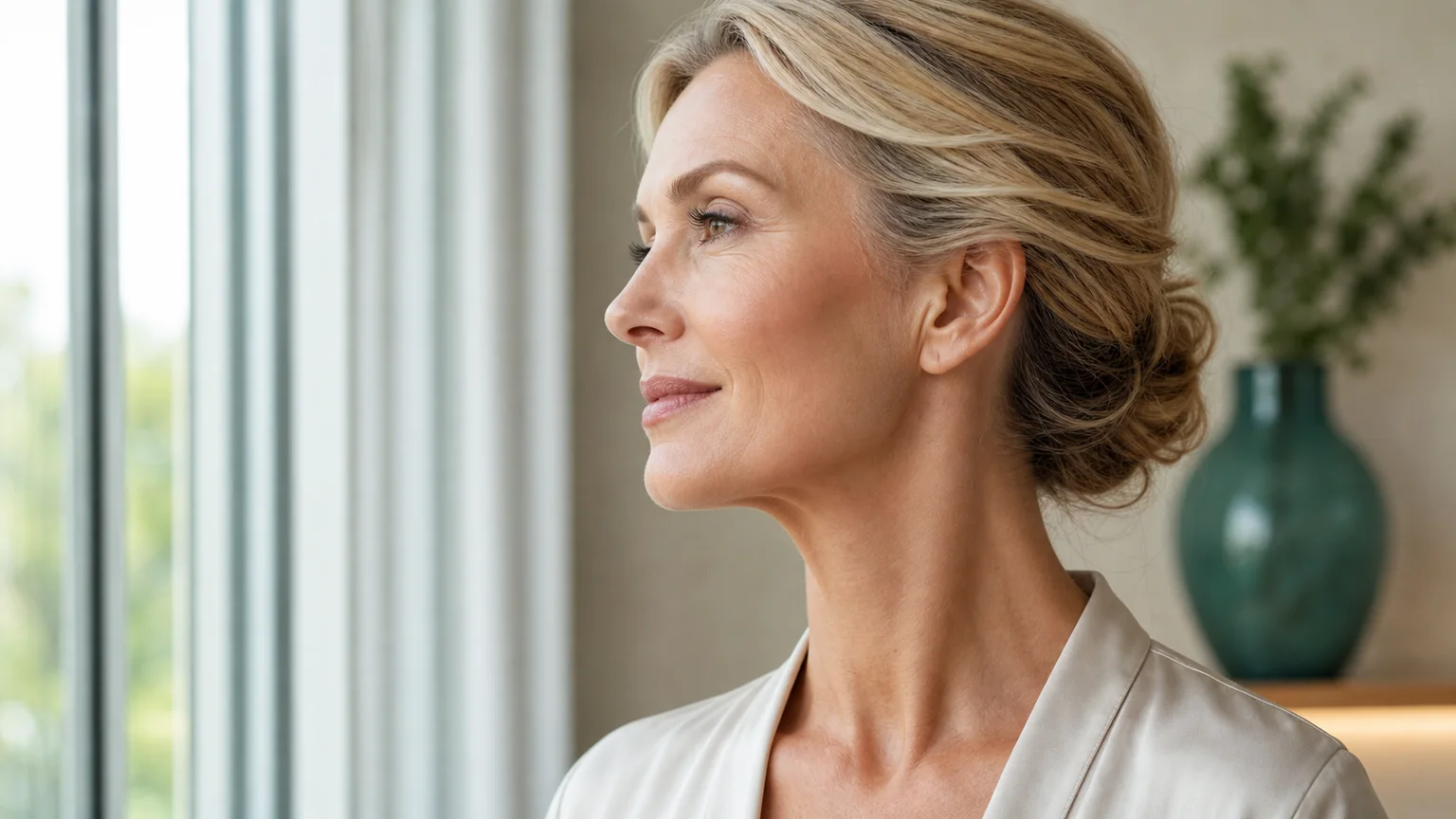 Mature woman side profile showing lower facelift jawline neck focus