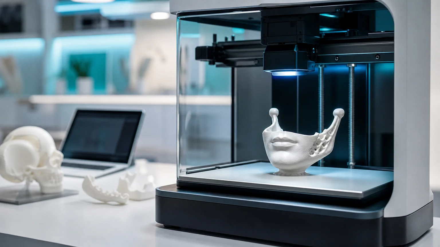 3D printer creating chin model for custom 3D printed chin implant planning