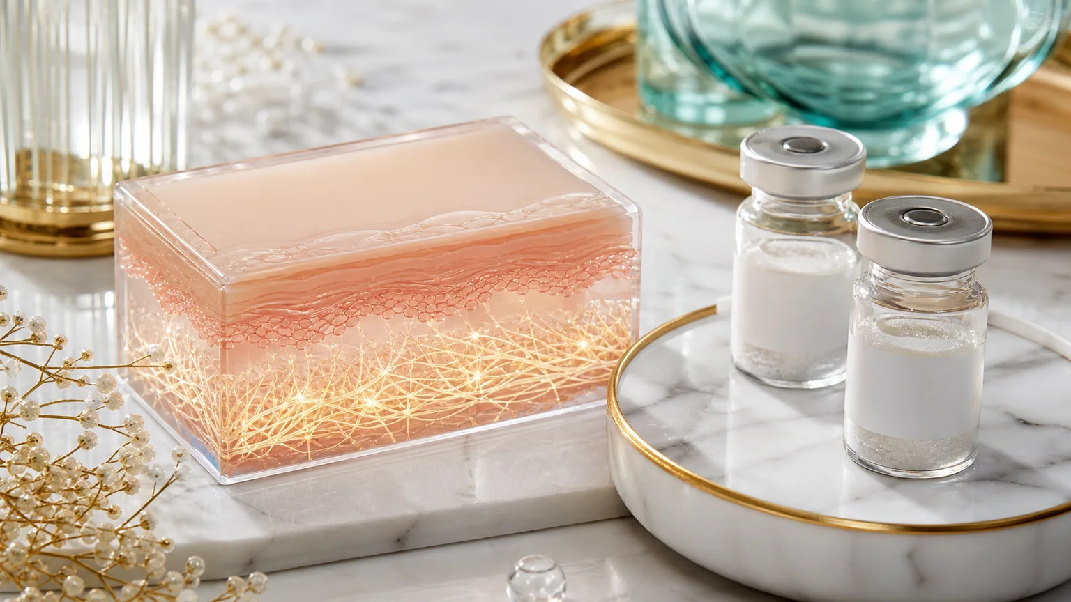 Layered skin model with collagen fibers for Sculptra collagen injectable