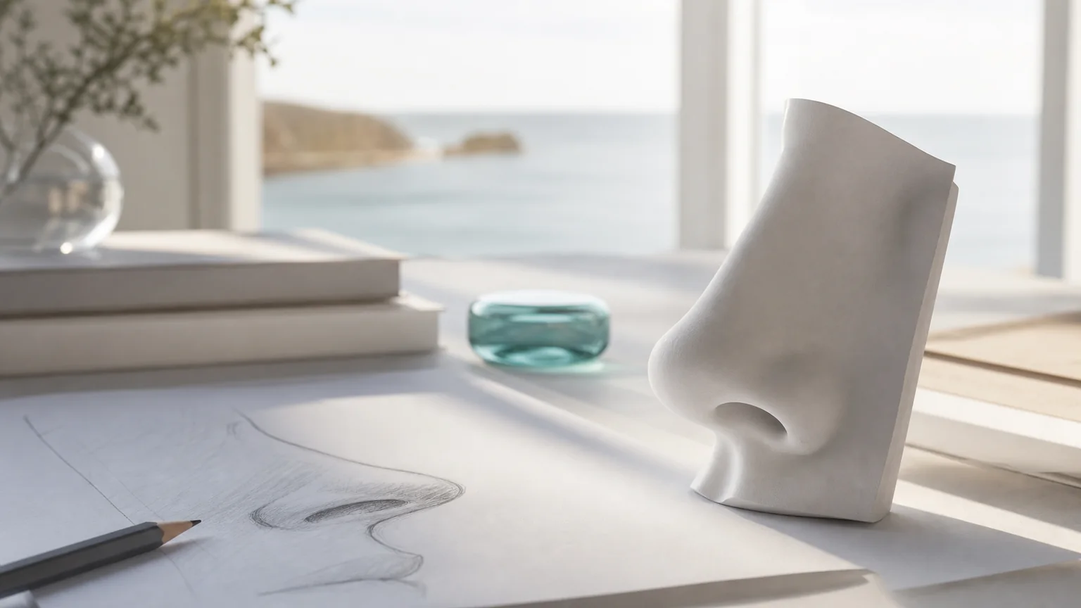 Nose sculpture and sketch for tip rhinoplasty planning