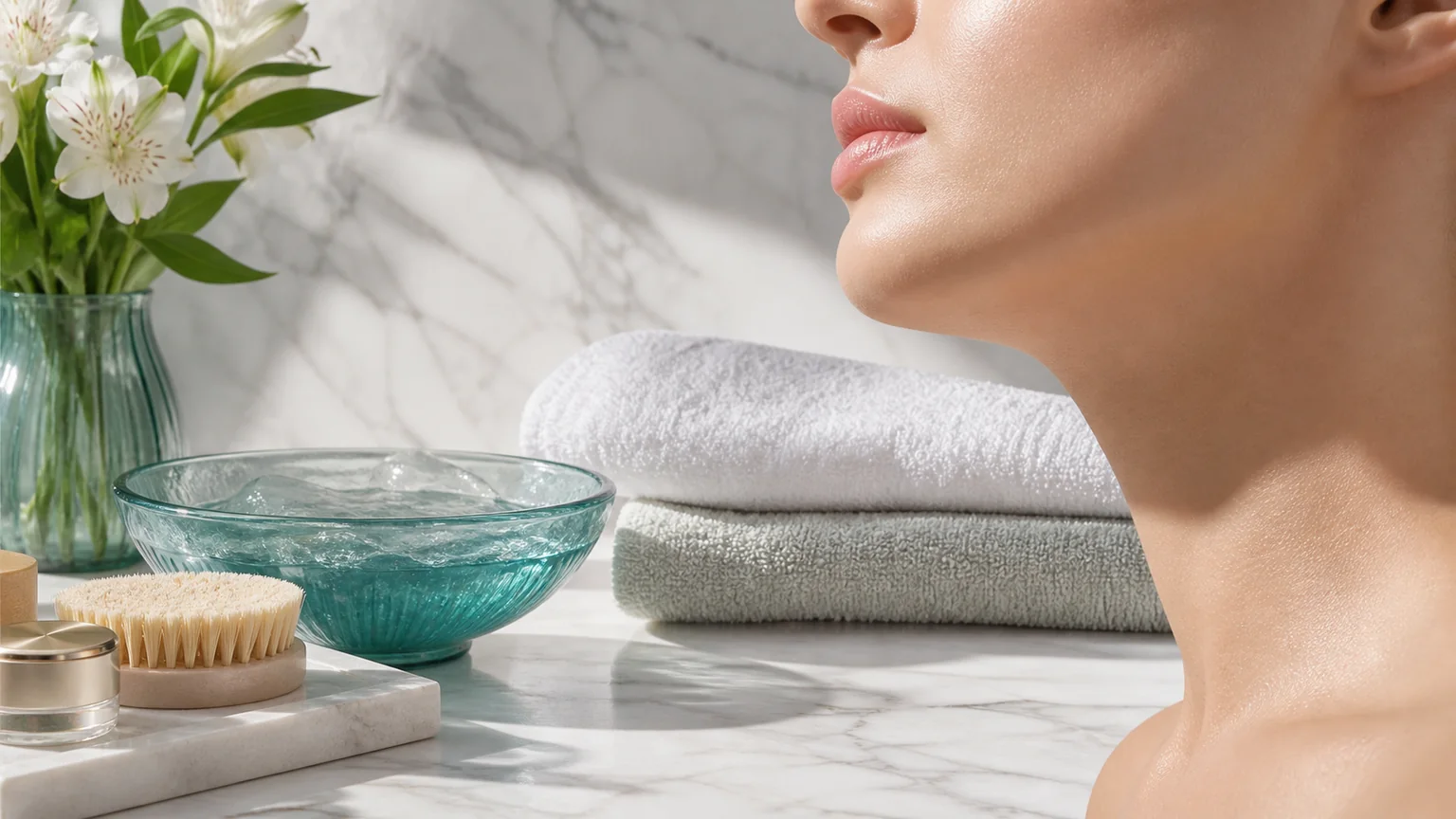 Lower-face profile and spa setting for Kybella vs liposuction double chin