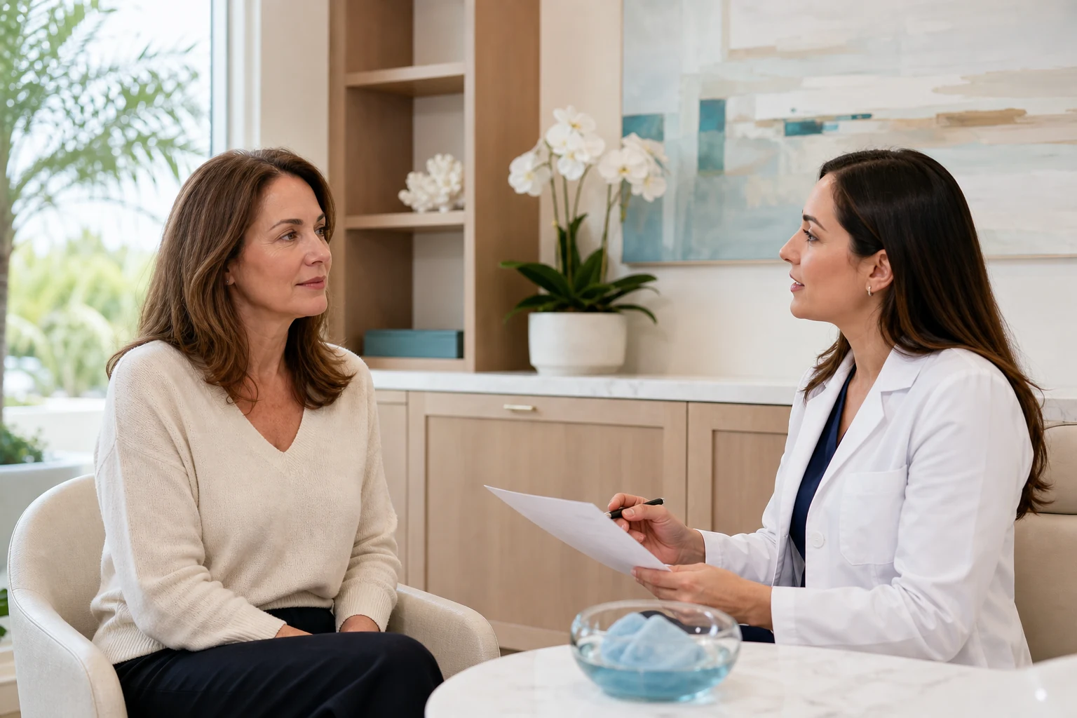 Patient discussing the first two weeks of facelift recovery with a facial plastic surgery clinician